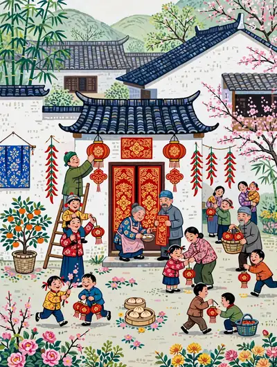 春节·贴春联挂灯笼